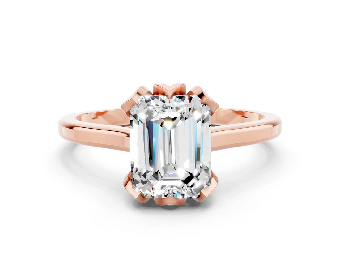 Rose gold Emerald Cut Moissanite Solitaire Ring with Flower Prong Setting and Classic Band_38