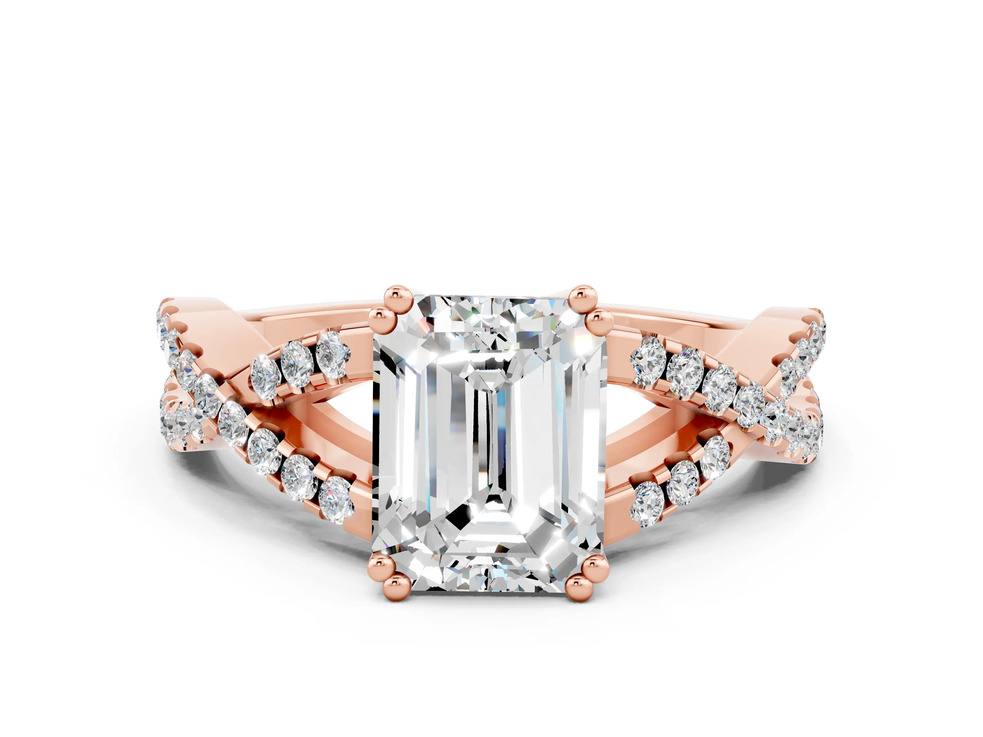 Rose gold Emerald Cut Moissanite Solitaire Ring with Four-Prong Setting and Twisted Pavé Band