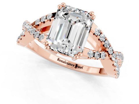 Rose gold Emerald Cut Moissanite Solitaire Ring with Four-Prong Setting and Twisted Pavé Band_1