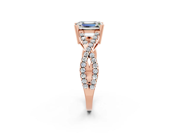 Rose gold Emerald Cut Moissanite Solitaire Ring with Four-Prong Setting and Twisted Pavé Band