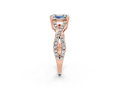 Rose gold Emerald Cut Moissanite Solitaire Ring with Four-Prong Setting and Twisted Pavé Band_2
