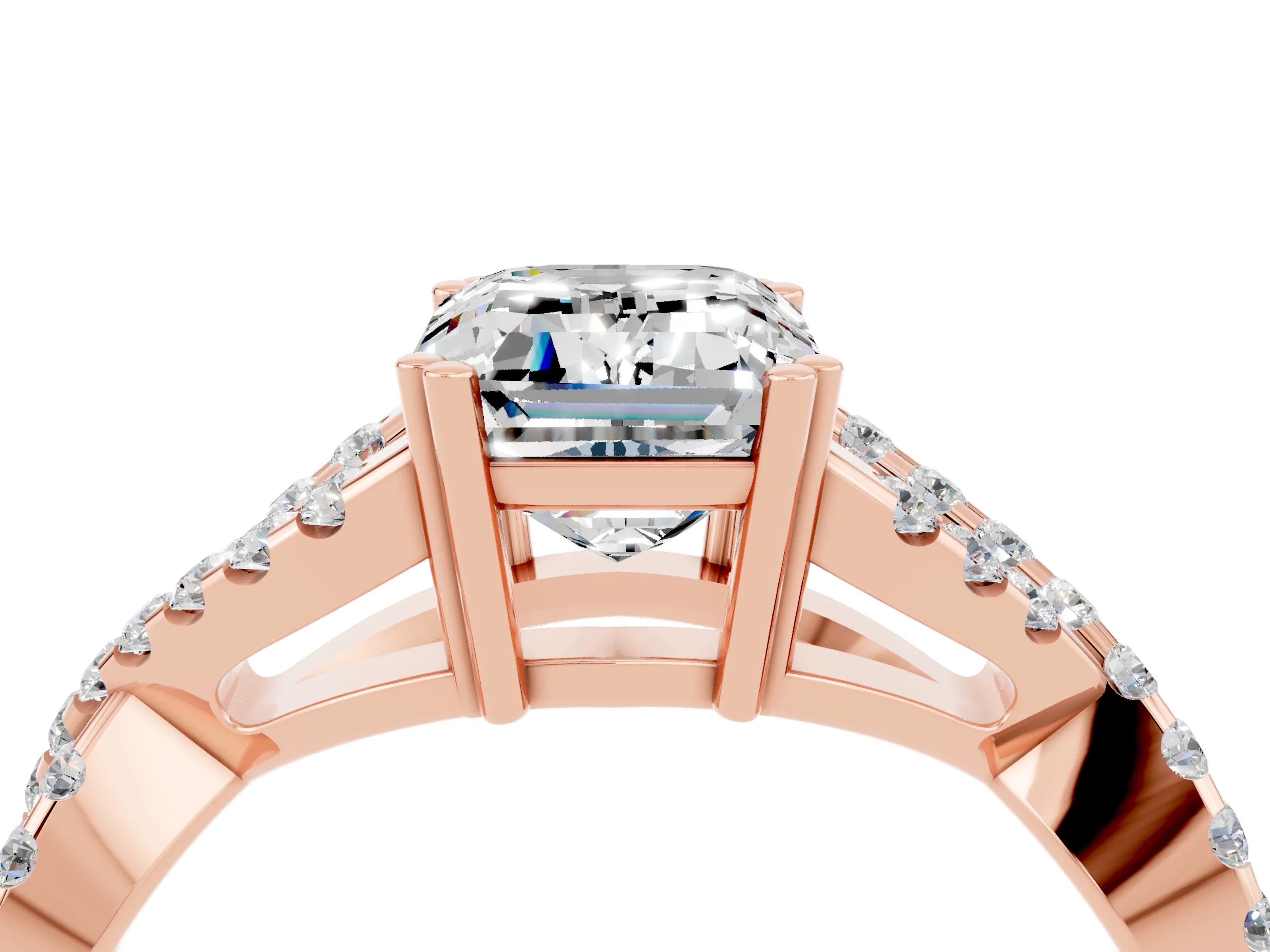 Rose gold Emerald Cut Moissanite Solitaire Ring with Four-Prong Setting and Twisted Pavé Band_4