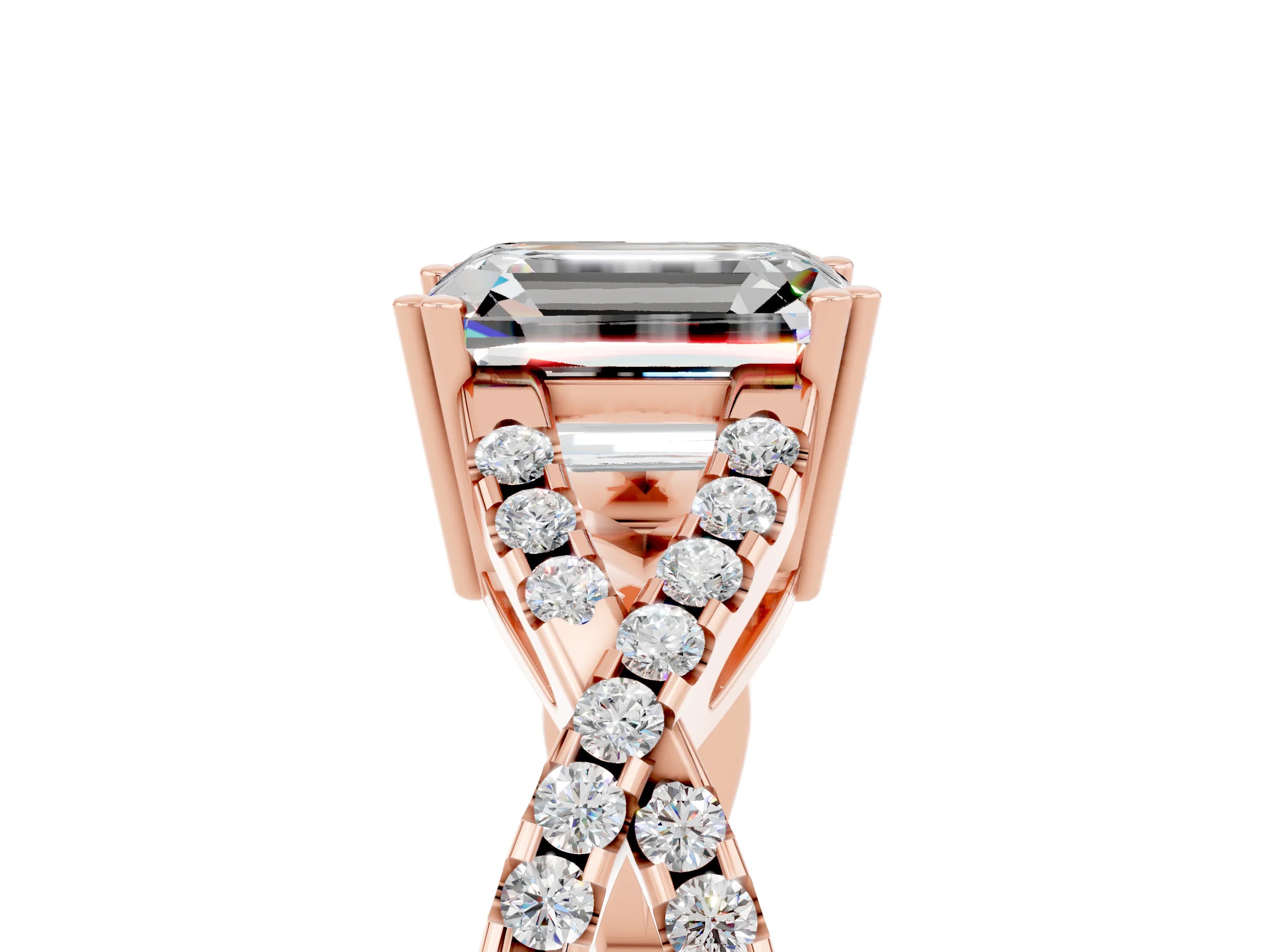 Rose gold Emerald Cut Moissanite Solitaire Ring with Four-Prong Setting and Twisted Pavé Band_5