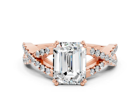 Rose gold Emerald Cut Moissanite Solitaire Ring with Four-Prong Setting and Twisted Pavé Band