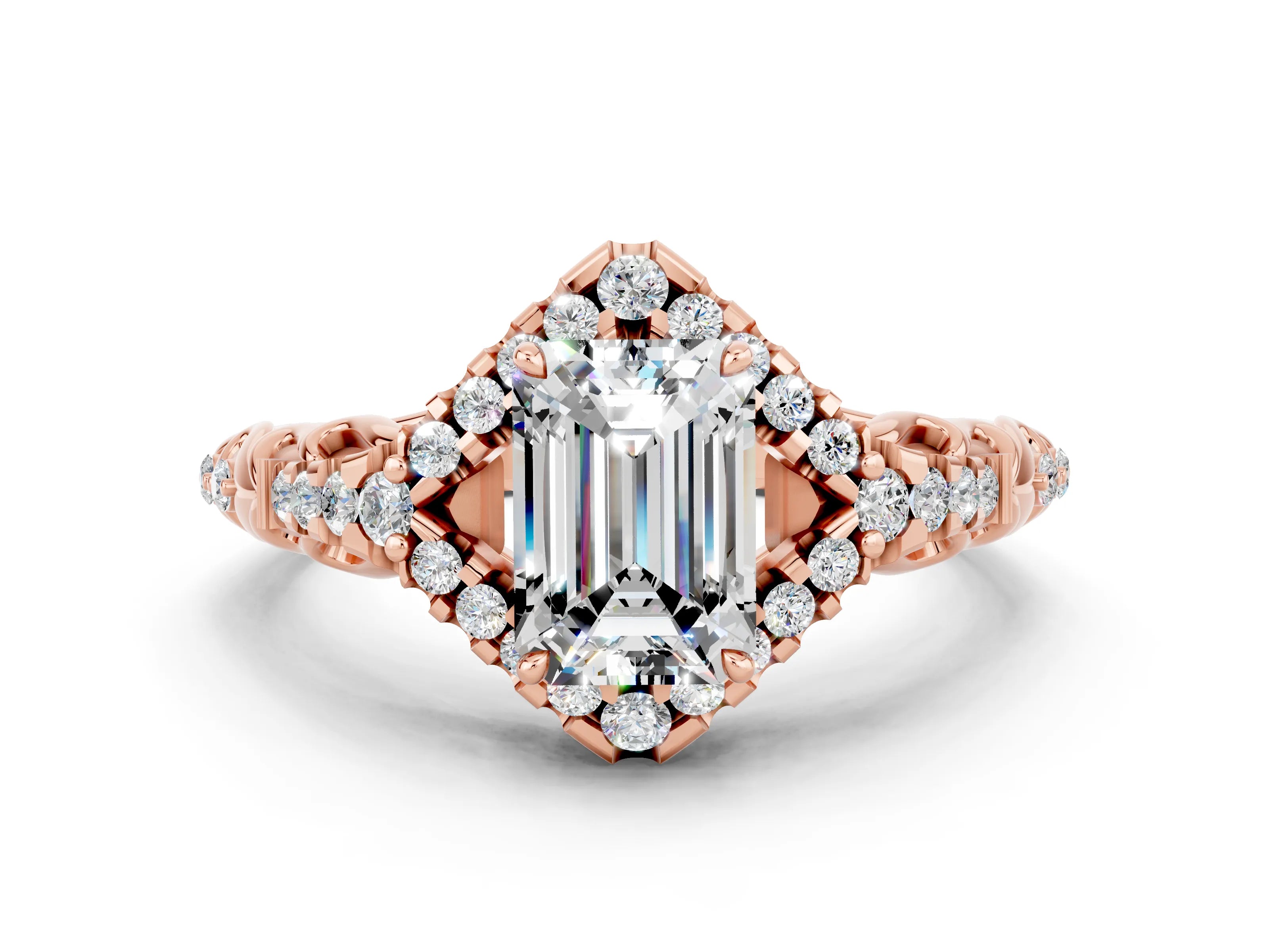 Rose gold Emerald Cut Moissanite Solitaire Ring with Hidden Halo and Pavé Band_12
