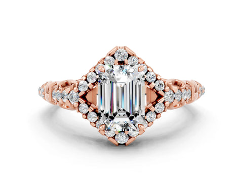 Rose gold Emerald Cut Moissanite Solitaire Ring with Hidden Halo and Pavé Band_12