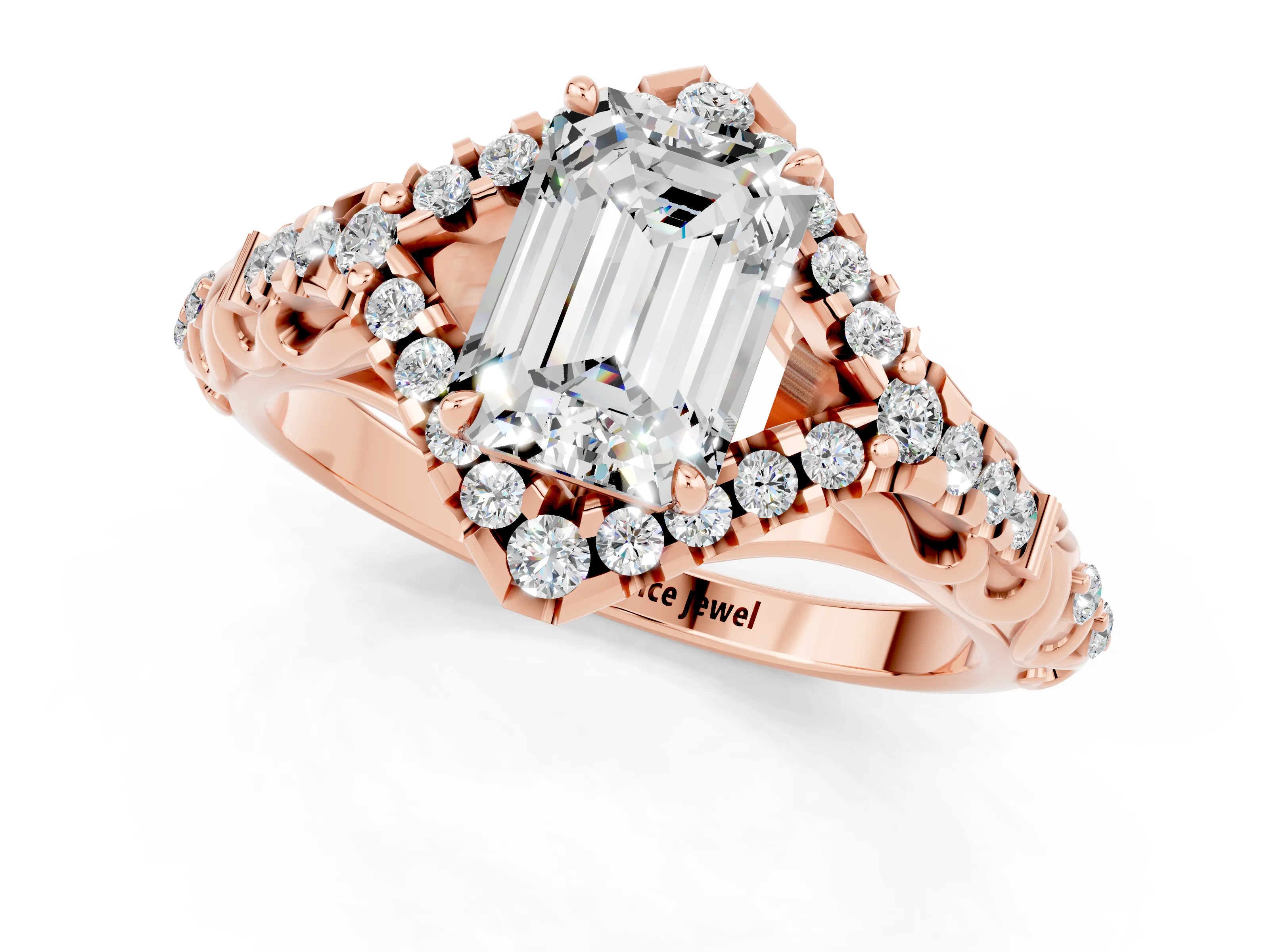 Rose gold Emerald Cut Moissanite Solitaire Ring with Hidden Halo and Pavé Band_13