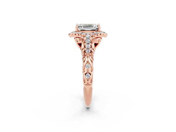Rose gold Emerald Cut Moissanite Solitaire Ring with Hidden Halo and Pavé Band