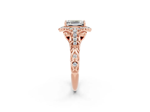 Rose gold Emerald Cut Moissanite Solitaire Ring with Hidden Halo and Pavé Band_14