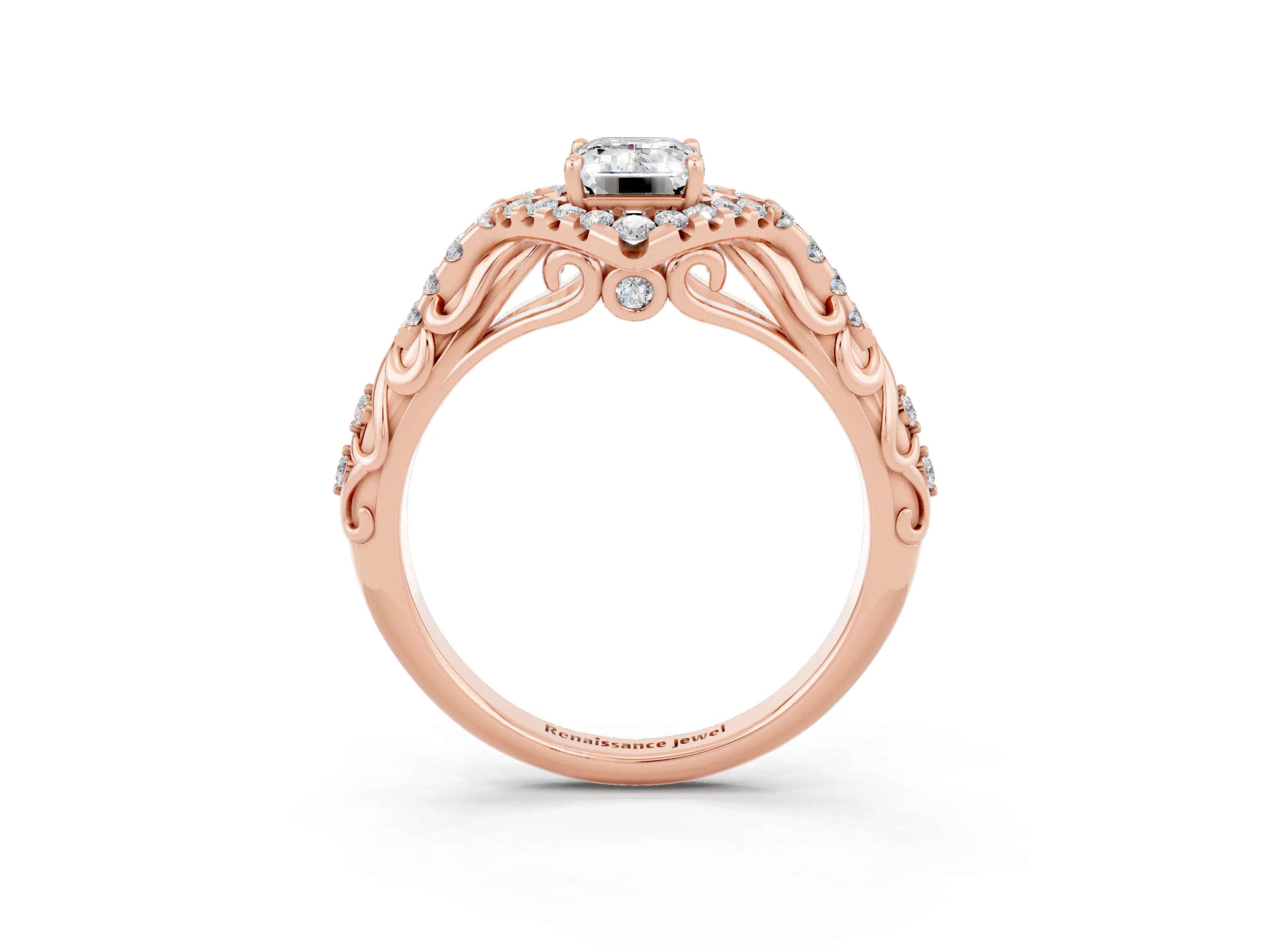 Rose gold Emerald Cut Moissanite Solitaire Ring with Hidden Halo and Pavé Band_15