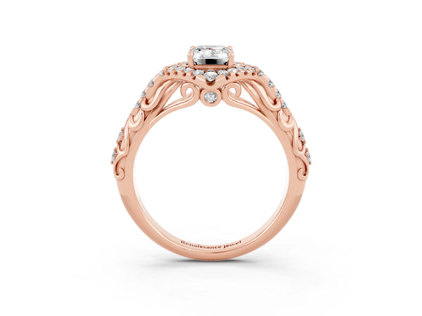 Rose gold Emerald Cut Moissanite Solitaire Ring with Hidden Halo and Pavé Band