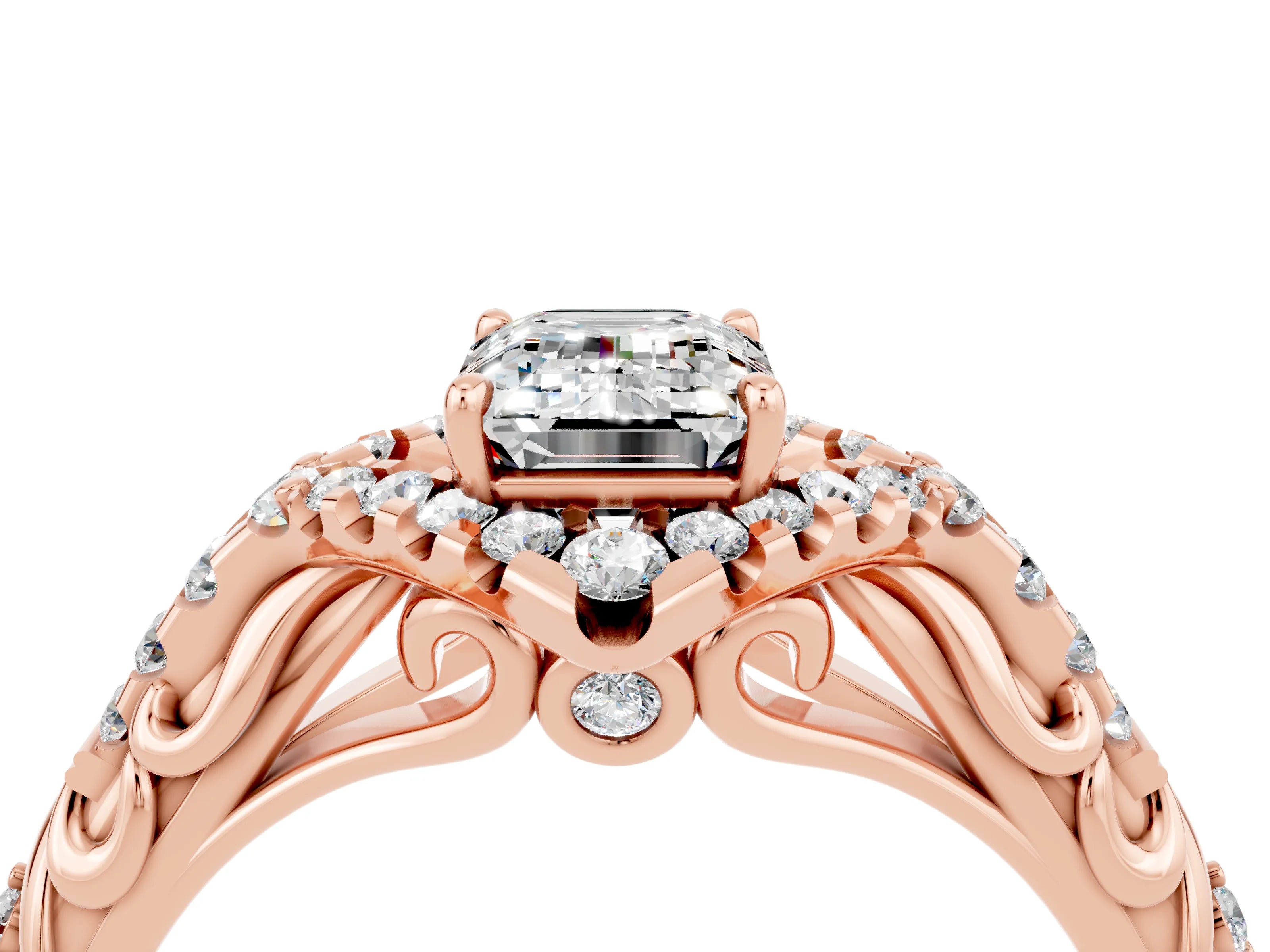 Rose gold Emerald Cut Moissanite Solitaire Ring with Hidden Halo and Pavé Band_16