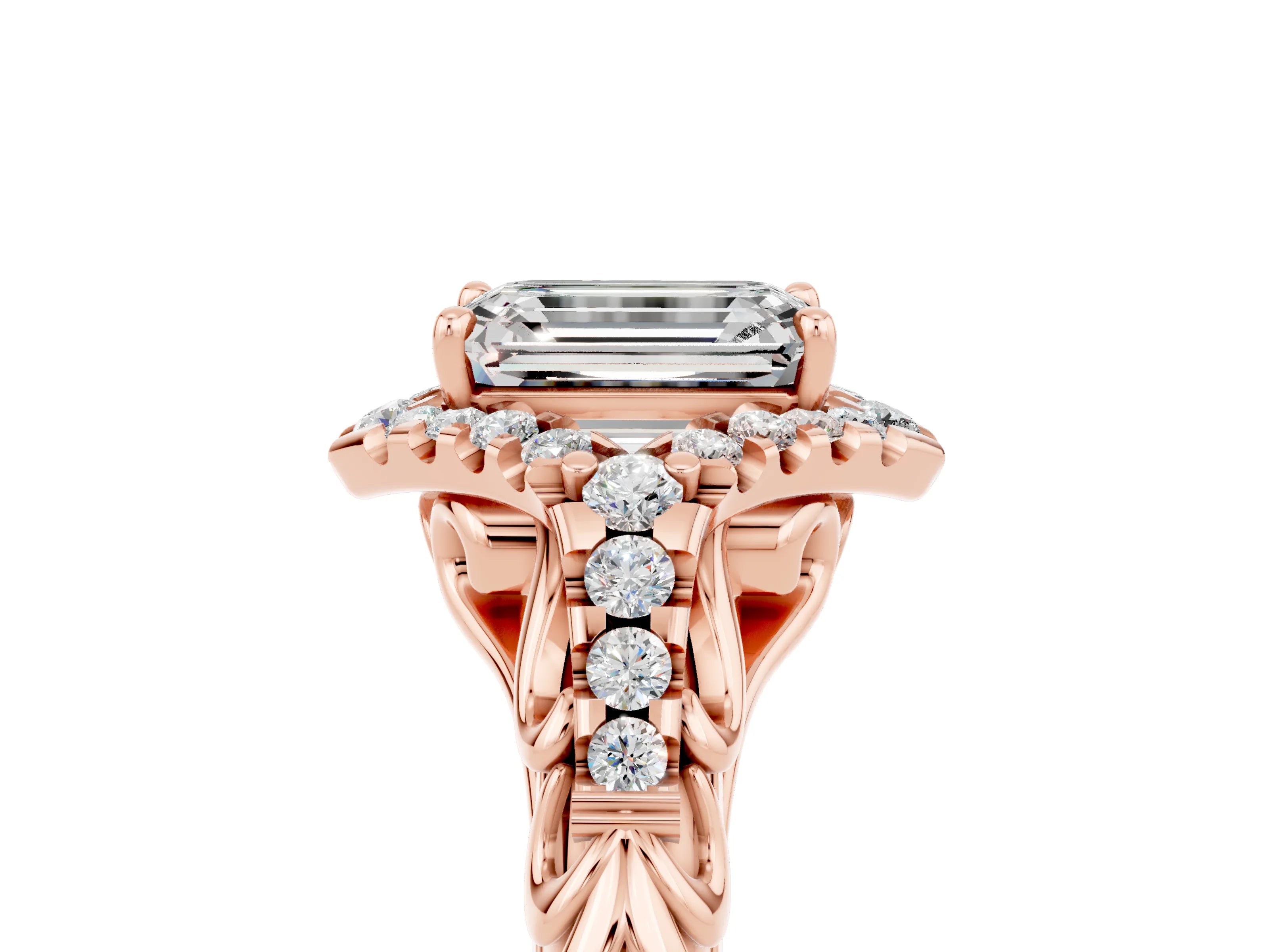 Rose gold Emerald Cut Moissanite Solitaire Ring with Hidden Halo and Pavé Band_17