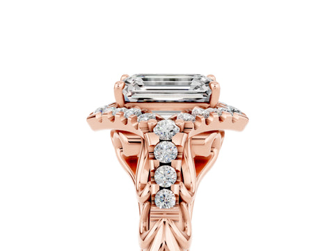 Rose gold Emerald Cut Moissanite Solitaire Ring with Hidden Halo and Pavé Band_17
