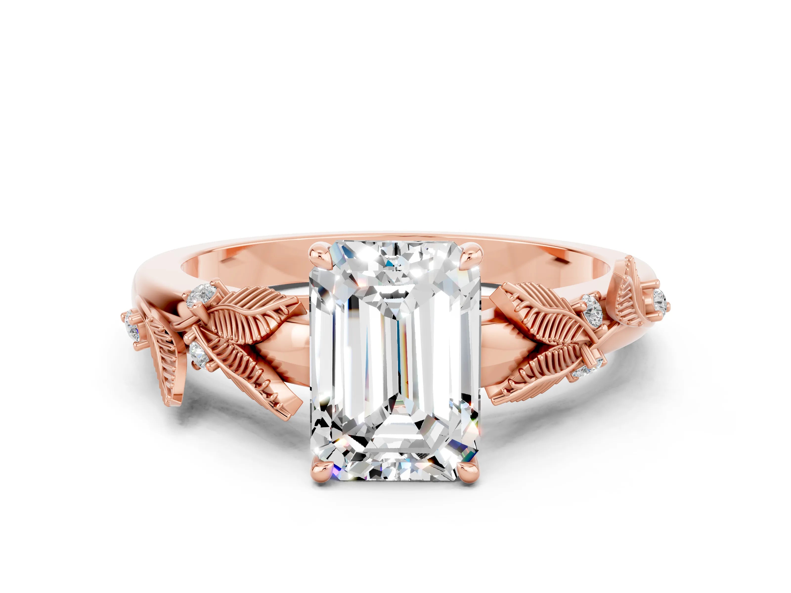 Rose gold Emerald Cut Moissanite Solitaire Ring with Leaf Motif Band and Four-Prong Setting