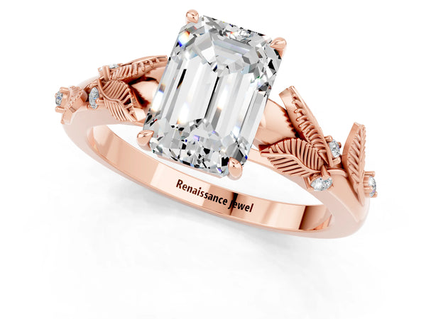 Rose gold Emerald Cut Moissanite Solitaire Ring with Leaf Motif Band and Four-Prong Setting