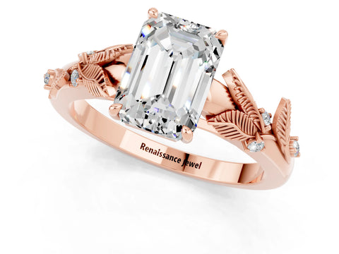 Rose gold Emerald Cut Moissanite Solitaire Ring with Leaf Motif Band and Four-Prong Setting_1