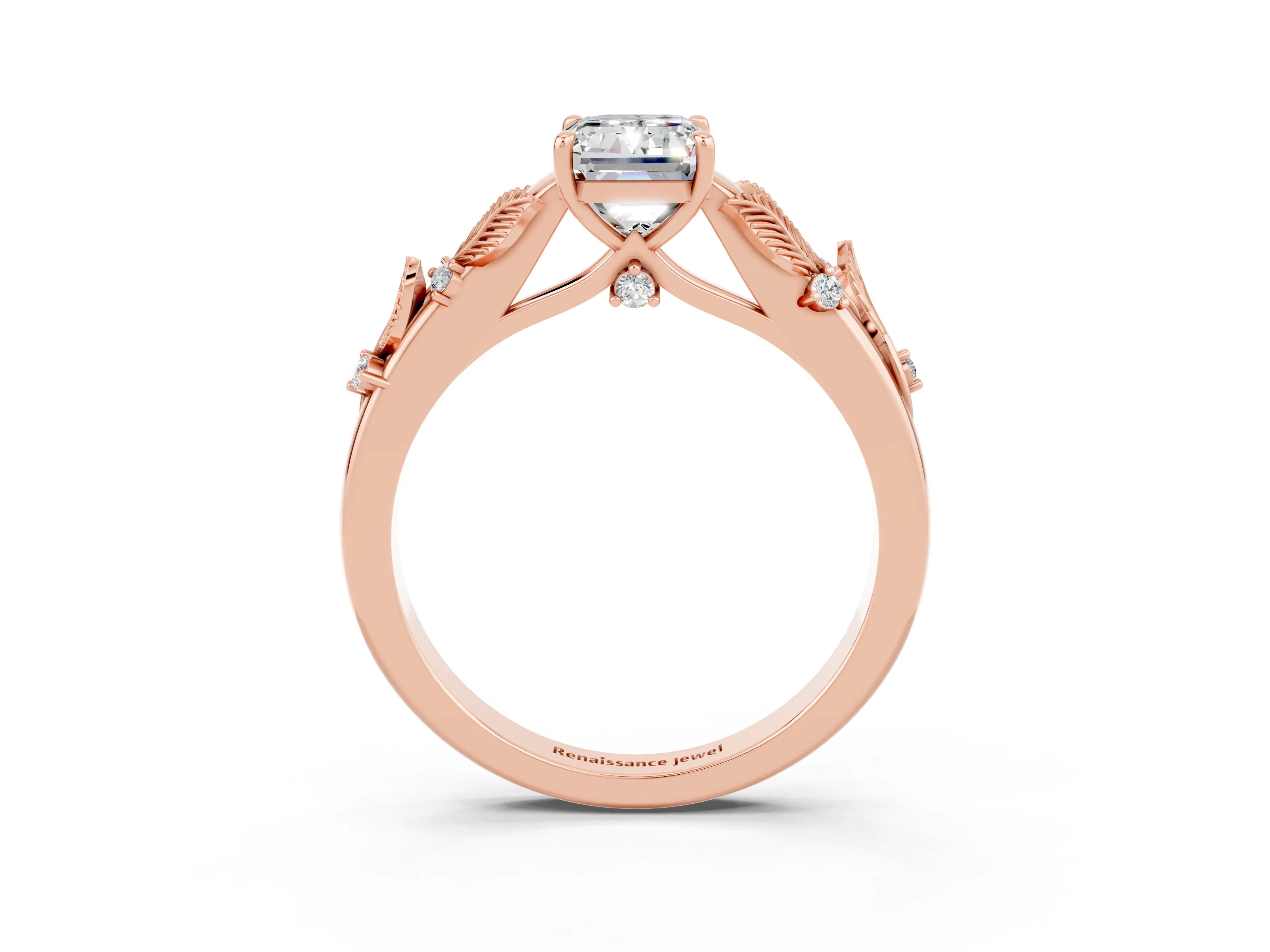 Rose gold Emerald Cut Moissanite Solitaire Ring with Leaf Motif Band and Four-Prong Setting_3