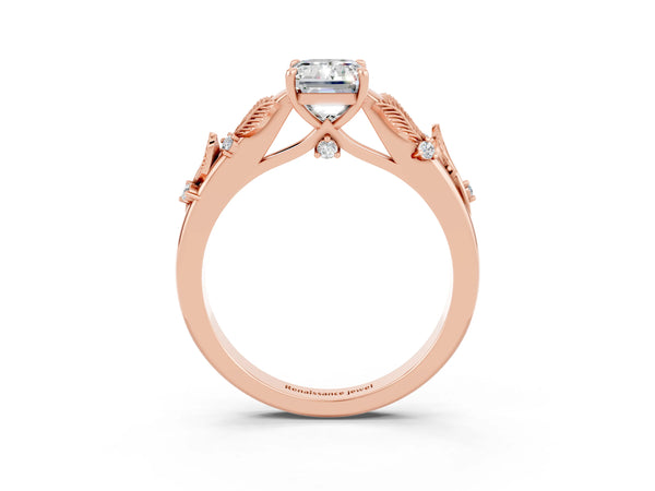 Rose gold Emerald Cut Moissanite Solitaire Ring with Leaf Motif Band and Four-Prong Setting