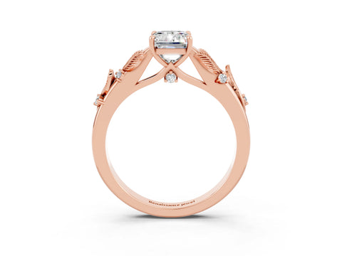 Rose gold Emerald Cut Moissanite Solitaire Ring with Leaf Motif Band and Four-Prong Setting_3