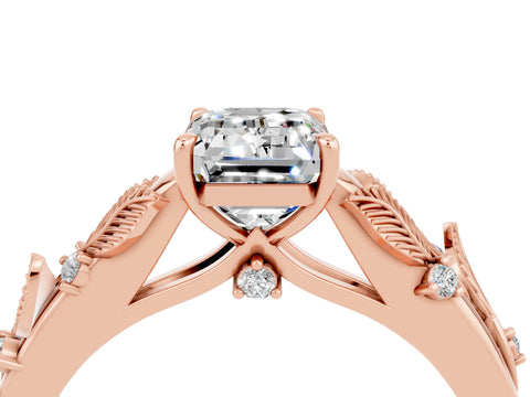 Rose gold Emerald Cut Moissanite Solitaire Ring with Leaf Motif Band and Four-Prong Setting_4