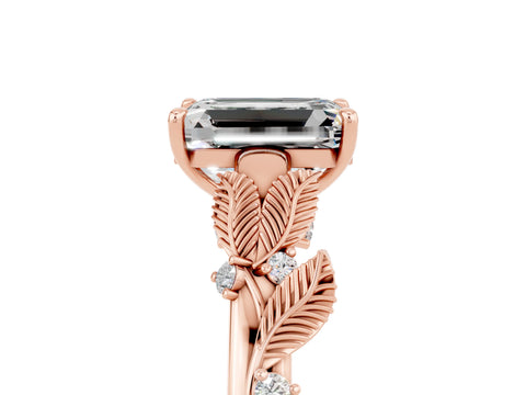 Rose gold Emerald Cut Moissanite Solitaire Ring with Leaf Motif Band and Four-Prong Setting_5