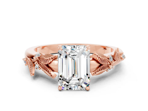 Rose gold Emerald Cut Moissanite Solitaire Ring with Leaf Motif Band and Four-Prong Setting
