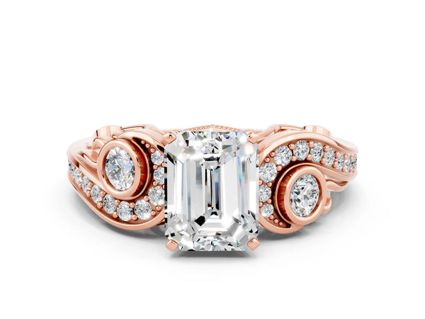 Rose gold Emerald Cut Moissanite Solitaire Ring with Milgrain Pavé Band and Four-Prong Setting