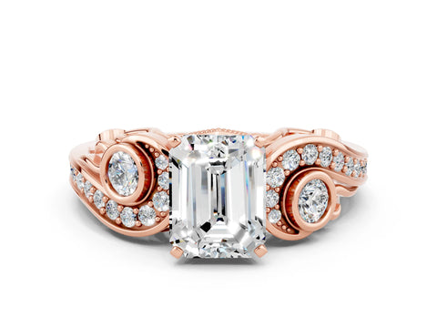 Rose gold Emerald Cut Moissanite Solitaire Ring with Milgrain Pavé Band and Four-Prong Setting_24