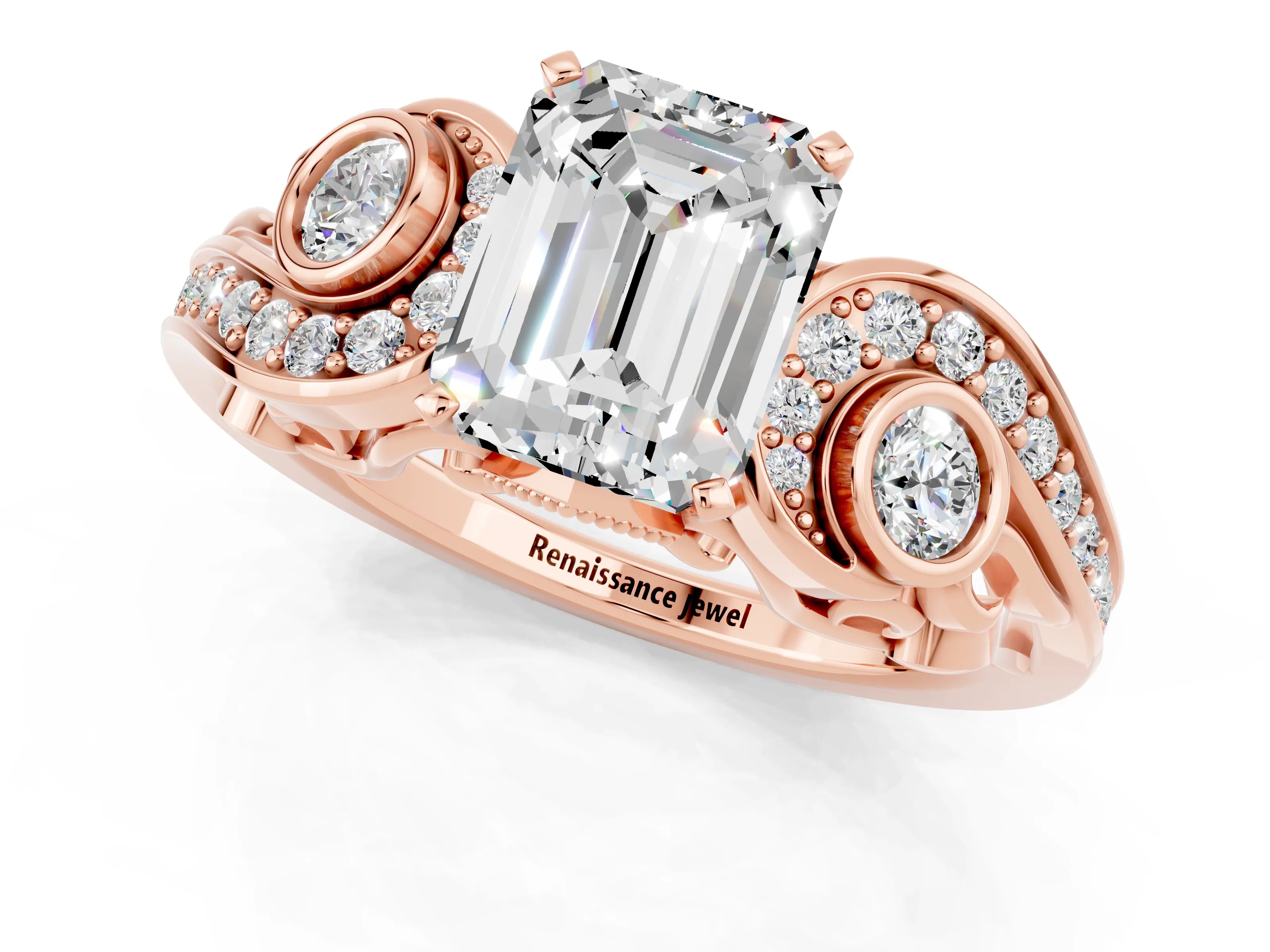 Rose gold Emerald Cut Moissanite Solitaire Ring with Milgrain Pavé Band and Four-Prong Setting_25