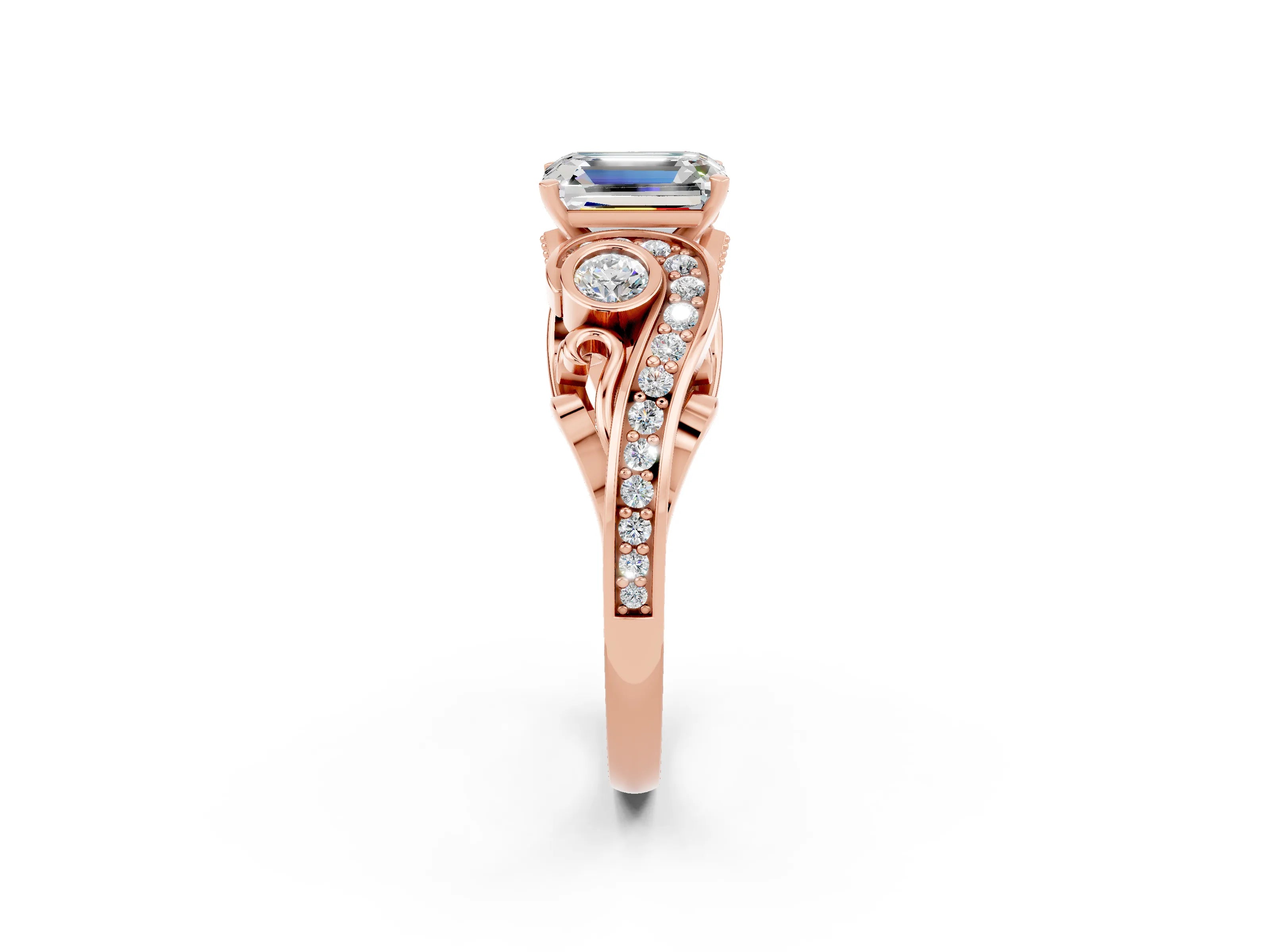 Rose gold Emerald Cut Moissanite Solitaire Ring with Milgrain Pavé Band and Four-Prong Setting_26