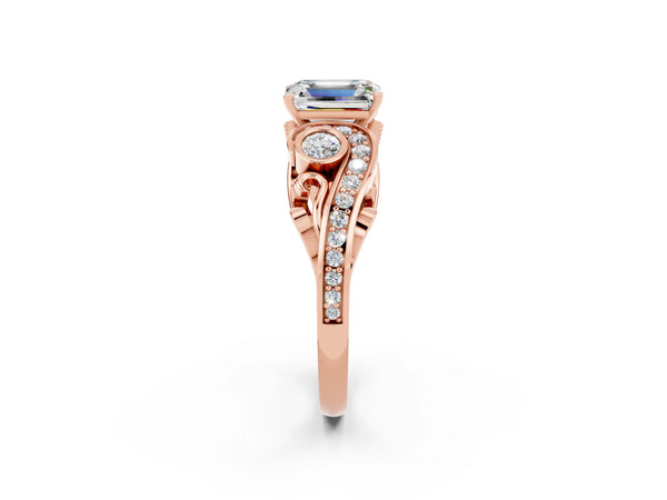 Rose gold Emerald Cut Moissanite Solitaire Ring with Milgrain Pavé Band and Four-Prong Setting