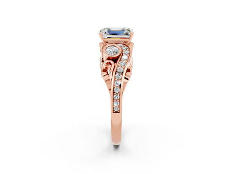 Rose gold Emerald Cut Moissanite Solitaire Ring with Milgrain Pavé Band and Four-Prong Setting_26
