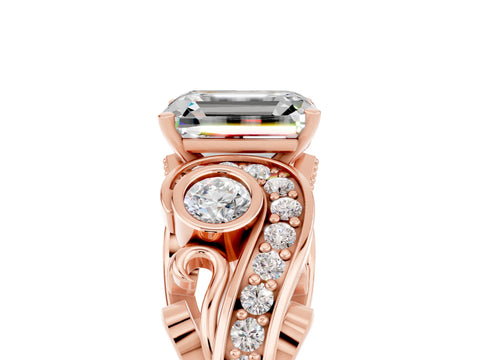 Rose gold Emerald Cut Moissanite Solitaire Ring with Milgrain Pavé Band and Four-Prong Setting_29