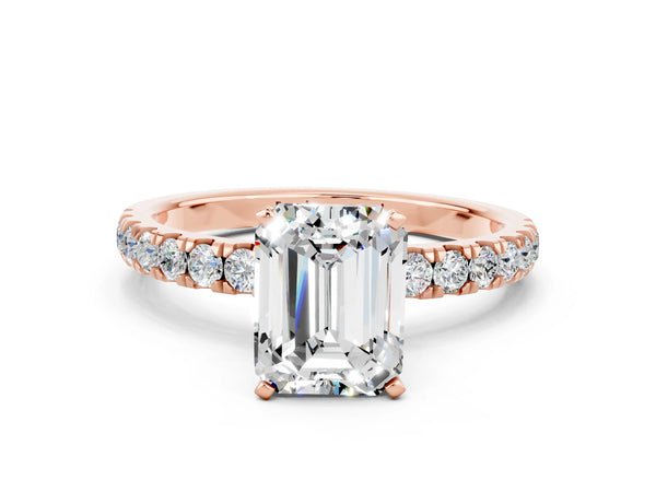 Rose gold Emerald Cut Moissanite Solitaire Ring with Pavé Accents and Four-Prong Setting