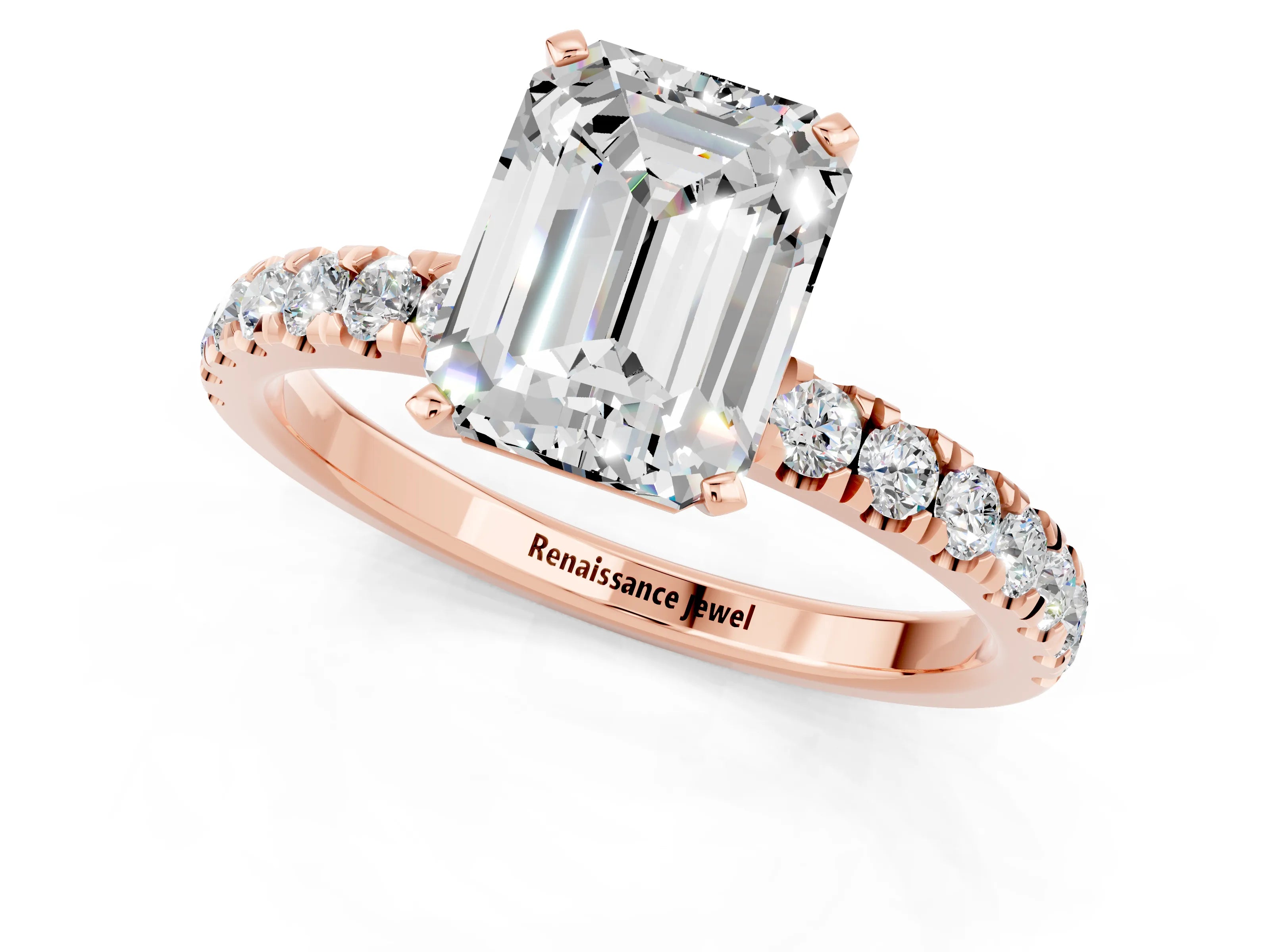 Rose gold Emerald Cut Moissanite Solitaire Ring with Pavé Accents and Four-Prong Setting_1