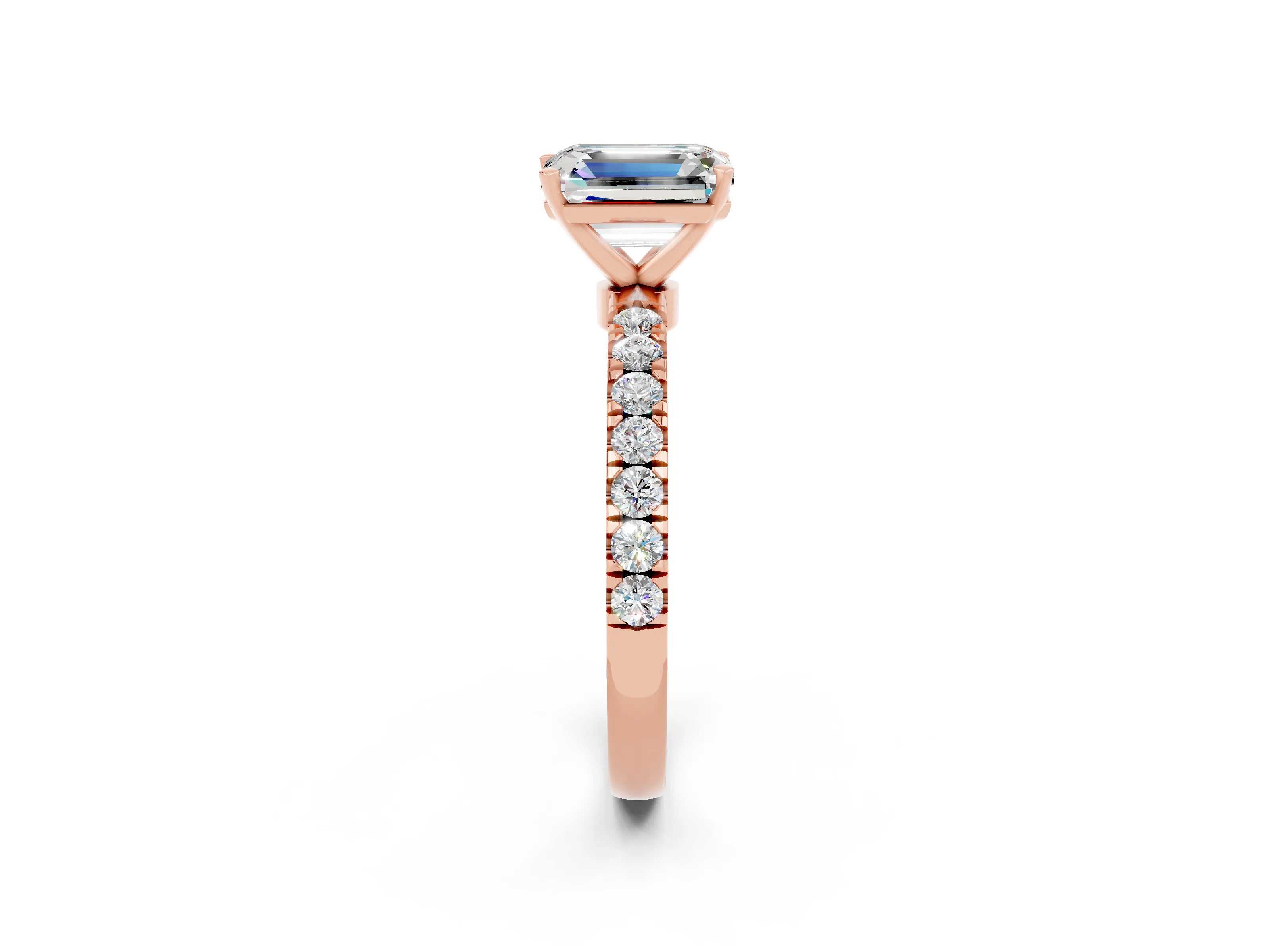 Rose gold Emerald Cut Moissanite Solitaire Ring with Pavé Accents and Four-Prong Setting_2