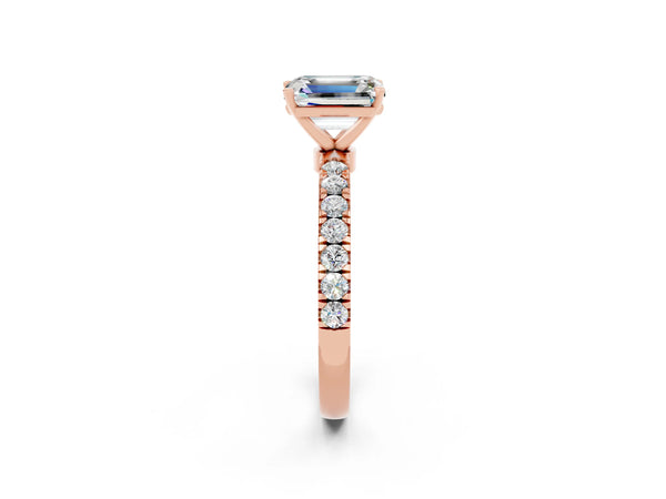 Rose gold Emerald Cut Moissanite Solitaire Ring with Pavé Accents and Four-Prong Setting