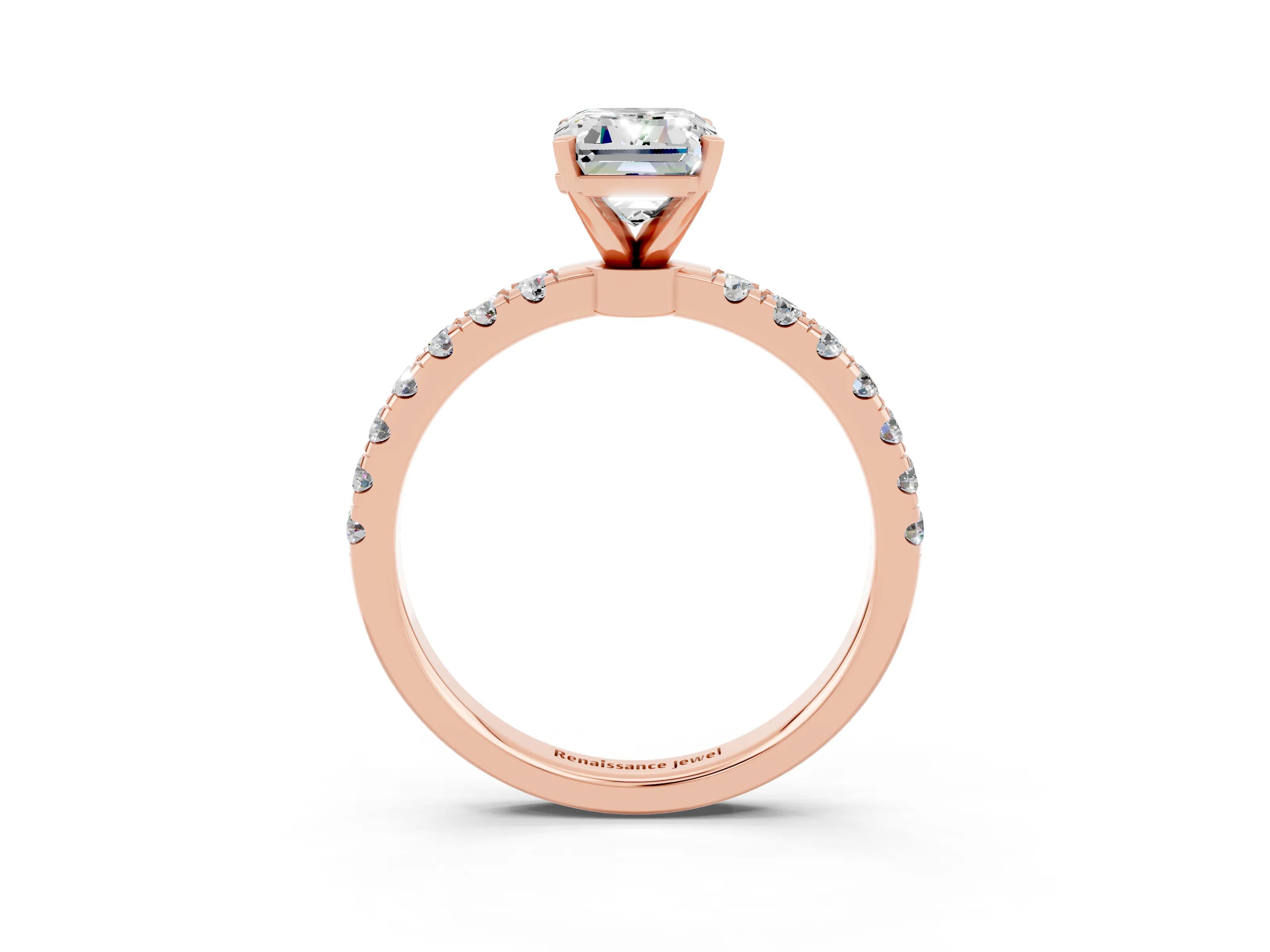 Rose gold Emerald Cut Moissanite Solitaire Ring with Pavé Accents and Four-Prong Setting_3