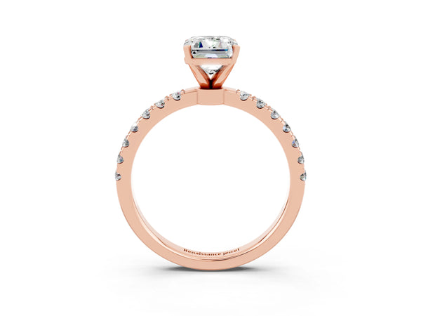 Rose gold Emerald Cut Moissanite Solitaire Ring with Pavé Accents and Four-Prong Setting