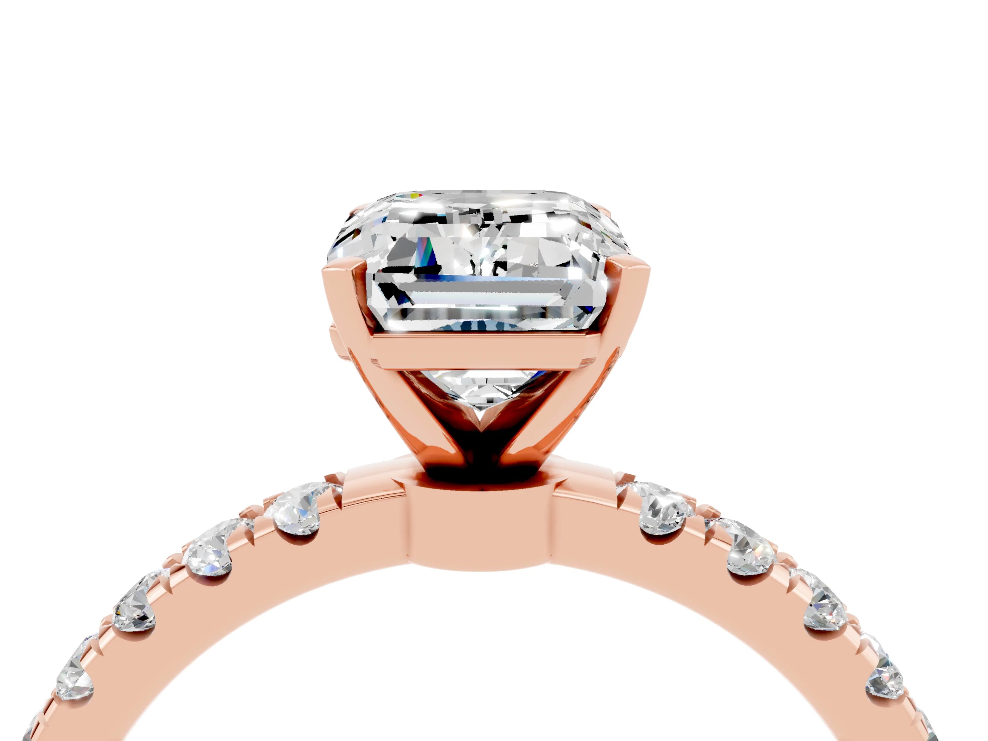 Rose gold Emerald Cut Moissanite Solitaire Ring with Pavé Accents and Four-Prong Setting_4