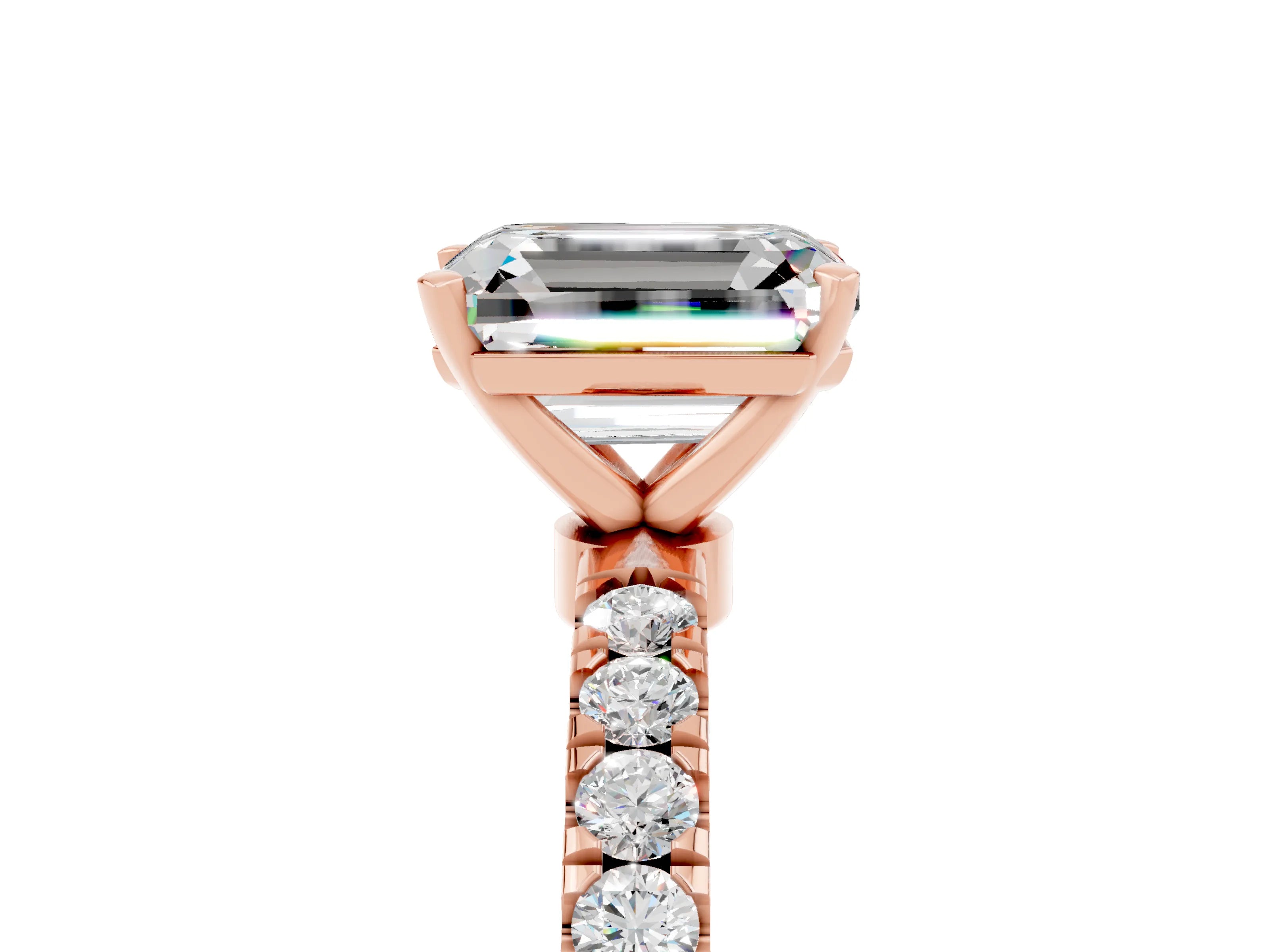 Rose gold Emerald Cut Moissanite Solitaire Ring with Pavé Accents and Four-Prong Setting_5