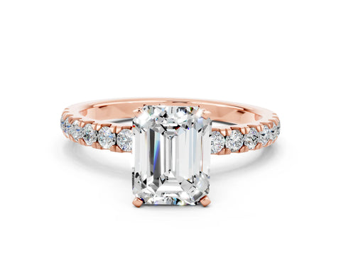 Rose gold Emerald Cut Moissanite Solitaire Ring with Pavé Accents and Four-Prong Setting