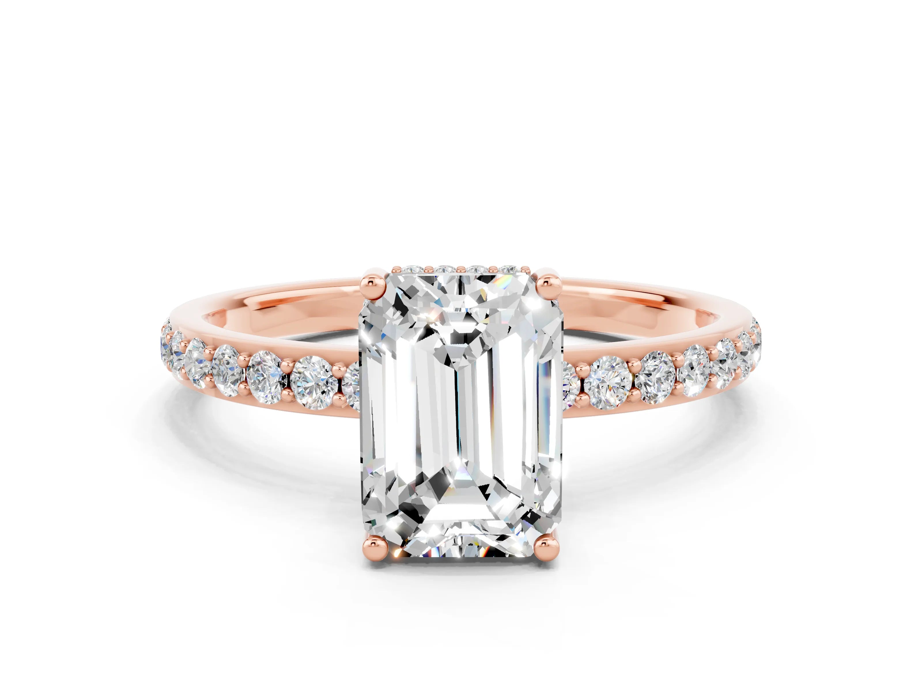 Rose gold Emerald Cut Moissanite Solitaire Ring with Pavé Band and Hidden Halo_12