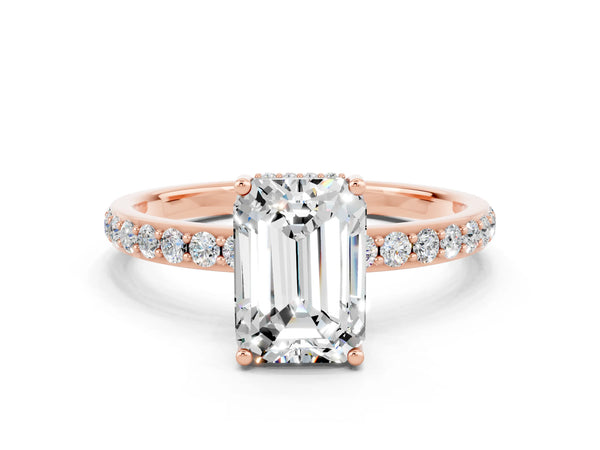 Rose gold Emerald Cut Moissanite Solitaire Ring with Pavé Band and Hidden Halo