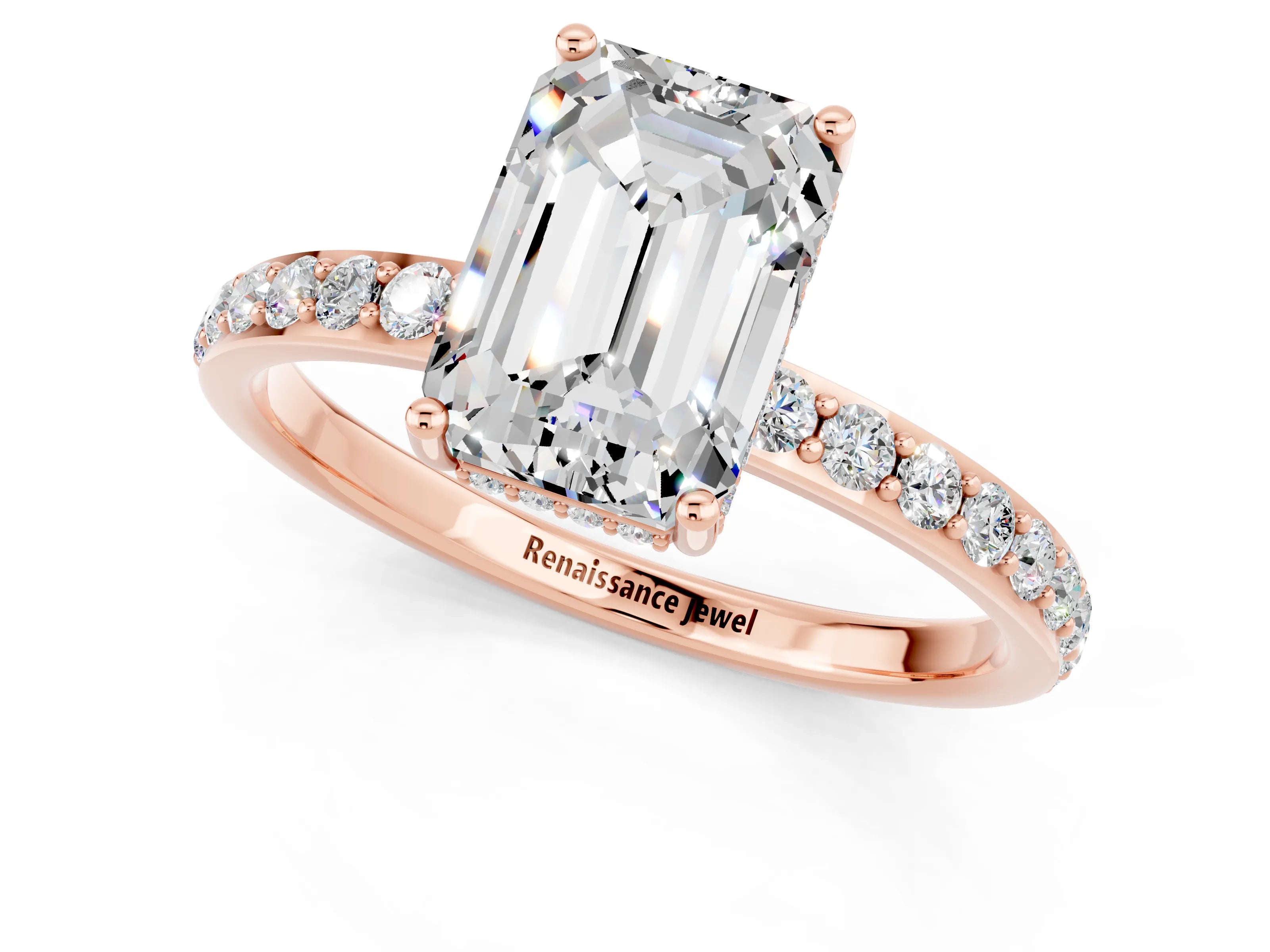 Rose gold Emerald Cut Moissanite Solitaire Ring with Pavé Band and Hidden Halo_13