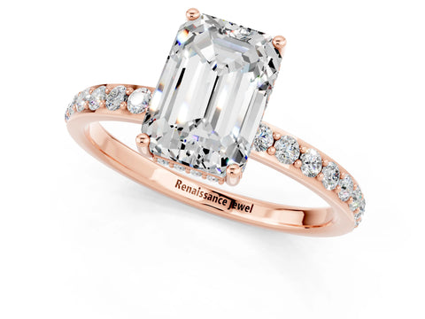 Rose gold Emerald Cut Moissanite Solitaire Ring with Pavé Band and Hidden Halo_13