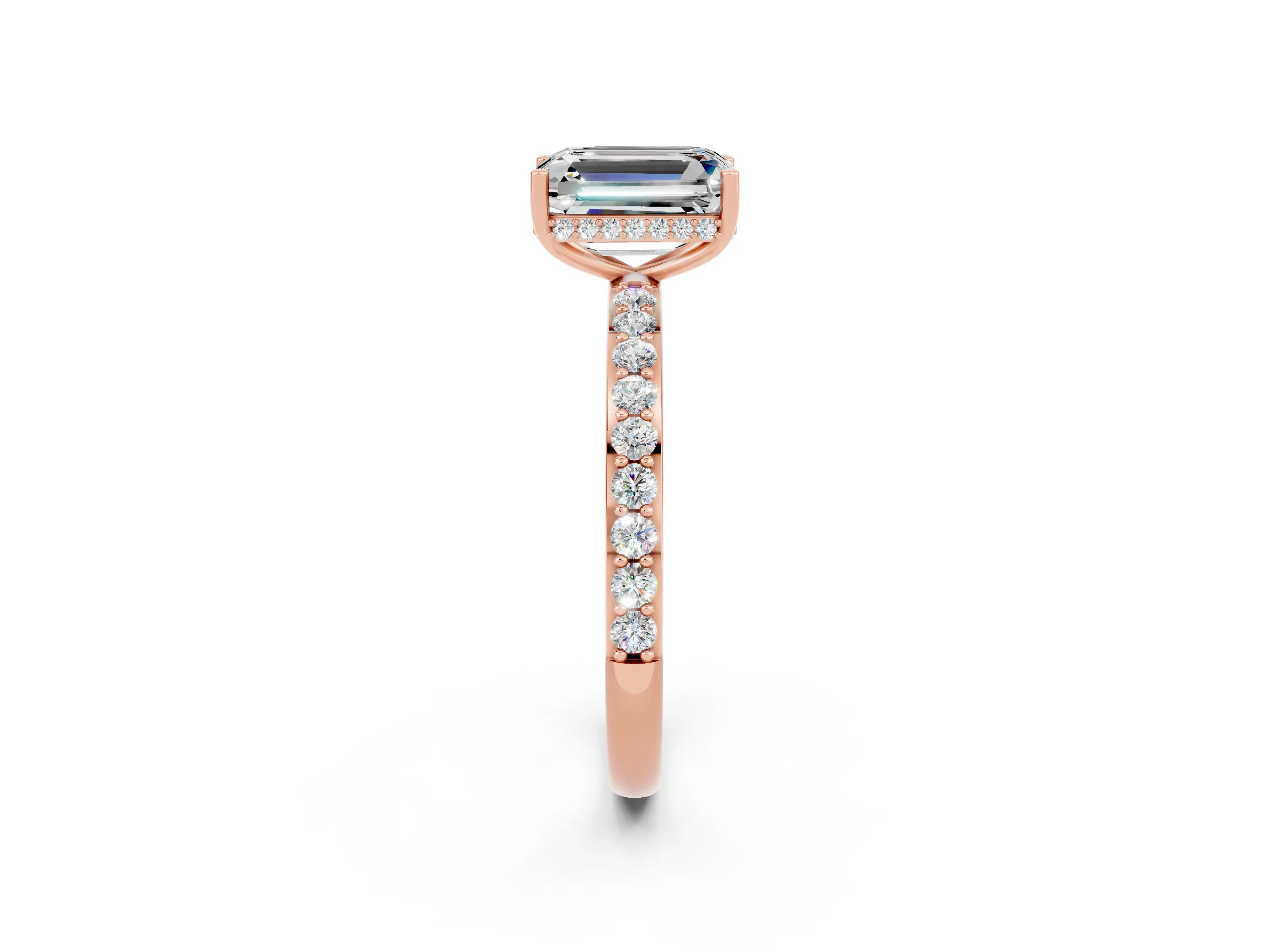Rose gold Emerald Cut Moissanite Solitaire Ring with Pavé Band and Hidden Halo_14