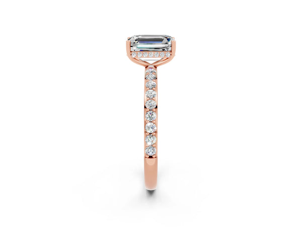 Rose gold Emerald Cut Moissanite Solitaire Ring with Pavé Band and Hidden Halo