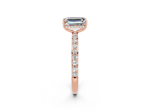 Rose gold Emerald Cut Moissanite Solitaire Ring with Pavé Band and Hidden Halo_14